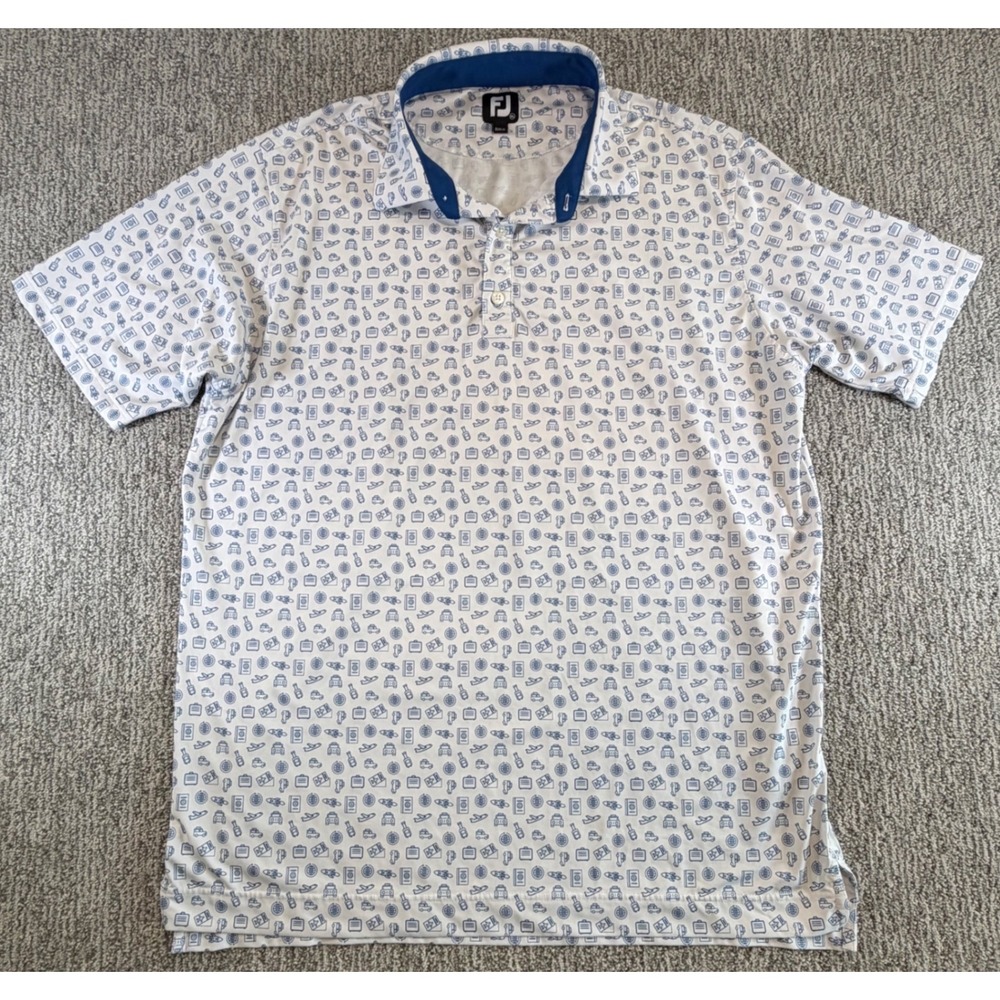 FootJoy Golf Polo Mens XL White‎ Blue Travel Print Hill Crest Country Club Logo